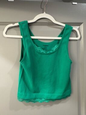 Green Ribbed Lace-Trim crop Top